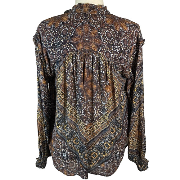 Free People Little Runaway Geometric Print Boho Peasant Top Blouse Size XS Brown - Picture 4 of 12